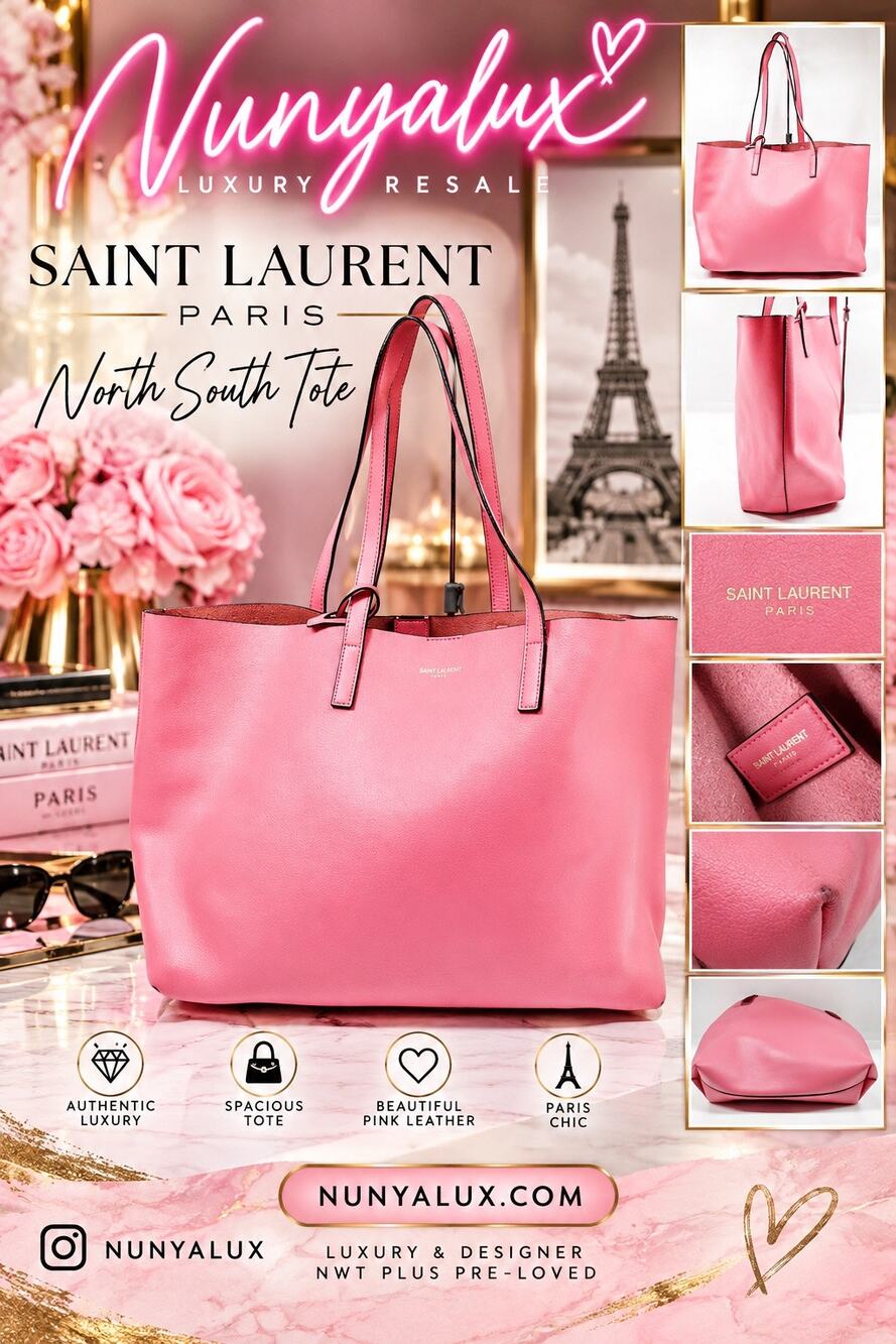 St. Laurent Paris North South Calf Skin Leather Tote Pink EUC